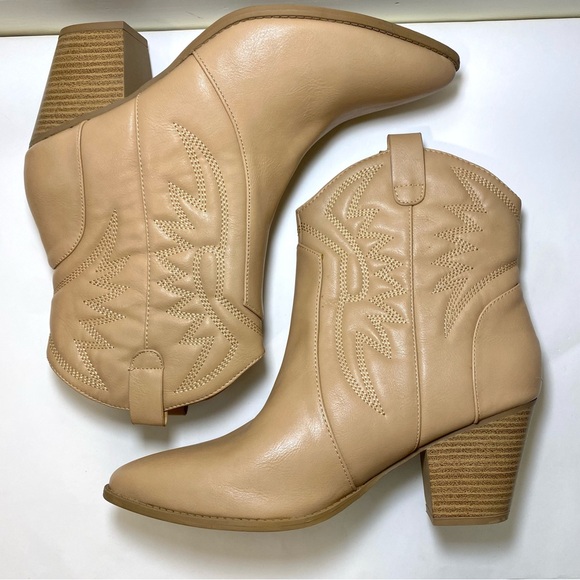 Qupid Texas Trip Embroidered Cowboy Booties Toffee Western Nude Women's Size 10 - Picture 5 of 6